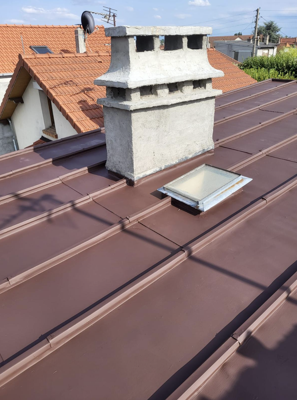 Toiture zinc avec souche de cheminée et fenêtre de toit rénovées